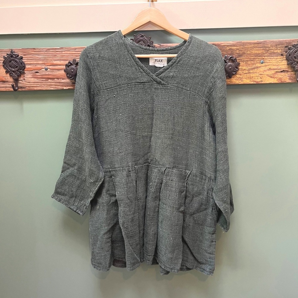 FLAX by Jeanne Engelhart Green 100% Linen Textured Peplum Tunic Top Small